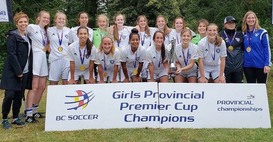 <who>Photo Credit: Contributed </who>The Thompson Okanagan Football Club's U16 team pose with the BC Soccer Premier Cup after defeating the Fusion of Richmond/Vancouver 3-1 in the championship game on Sunday in Cloverdale. Members of the team are, from left, front: Abigail Taneda, Annika Gross, Kiana Onyango, Sydney Kolodziej, Lydia Keating and Jordan King. Back: Tammy Cartier (manager), Sophia Clarke, Jaidyn McGrath, Chloe Dalgarno, Liesl Milovick, Ava McLennan, Paige Cates, Kate Cartier, Kiera Howaniec, Kelly Kosolofski, Carli Tingstad (coach) and Suzanne Gross (manager).