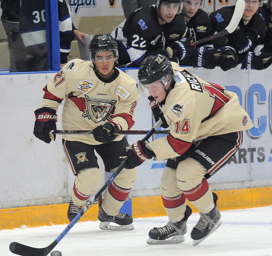 <who>Photo Credit: Lorne White/KelownaNow </who>Brandon Dent, to the left of Mason Richey, scored the Warriors' first goal just 45 seconds into the Saturday's game.