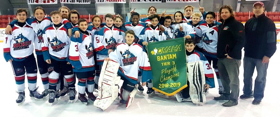 <who>Photo Credit: Contributed </who>The Kelowna Bantam Tier 3 Rockets will be in Port Hardy later this week as the OMAHA representatives at the BC Hockey provincial championship tournament. Members of the team are, from left: Owen Pavan, Liam Moore, Zachary Peitsch, Dan Harrison (coach), Carter Stewart, Jonah Fearns, Jace Deadmarsh, Aiden Kenny, Ethan Stewart, Reese Ryan, Sam Lescarbeau, Turner Chase, Tanner Sheridan, Jacob Ross, Ethan King, Aidan Csuka, Alex Bronswyk, TJ Caig (coach), Ken Fearns (coach), Evan Lundy and Ben Hadu. Missing: Simon Wilson.