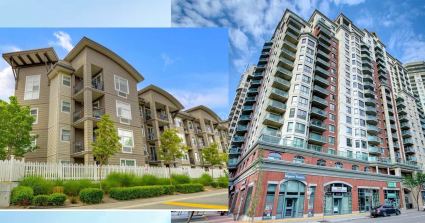 </who>The benchmark selling price of a typical condominium in Kelowna is $522,100 (pictured, left), in Calgary $278,800 (pictured, right).