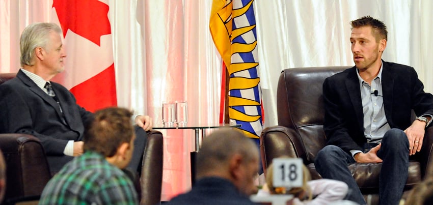 <who>Photo Credit: Lorne White/KelownaNow </who>Axel Merckx, right, an Olympic cyclist now living in Kelowna, is interviewed on stage by the Central Okanagan Sports Hall Of Fame's managing director, Patrick Kennedy. 