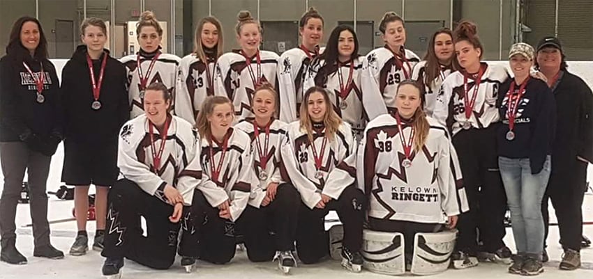 <who>Photo Credit: Contributed </who>The Kelowna Adrenaline won four of six games and claimed a silver medal at the Ringette BC under-16B provincial championship tournament on the weekend. Members of the Kelowna Ringette Association team are, from left, front: Robyn Dunn, Macalle White, Tessa Budzinski, Taya Large and Carlie Dudych. Back: Back left: Sheri Jensen (assistant coach), Brian Fiset-Kinzel, Paige Manning, Hanna Jensen, Olivia Rindfleisch, Kaitlynn Penny, Madison Lott, Nyla Brown, Shay Dyck, Cheryl Fisher (assistant coach/manager) and Michelle Ryan (head coach).