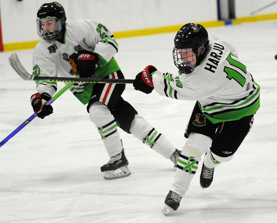 Leo Harju of the Chiefs follows through on a shot that resulted in his second goal of the season.