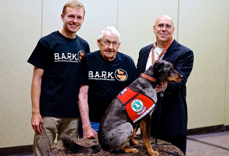 <who> Photo Credit: B.A.R.K.'s Facebook </who> Dr. Binfet has brought the B.A.R.K. program to UBCO and the local community.
