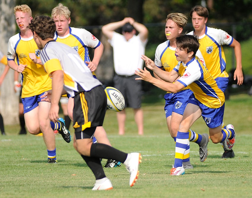 Declan Monaghan of Kelowna passes off to a BC U15 teammate.