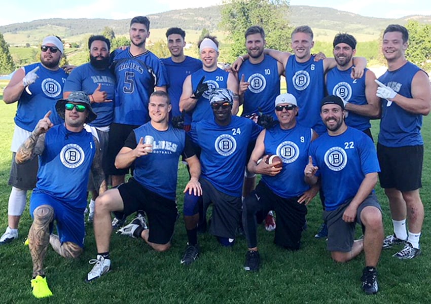 <who>Photo Credit: Contributed </who>The Kelowna Blues defeated the Vancouver Raiders 26-13 in the final game to capture the 38th annual Kelowna Maybowl Touch Football Tournament title. Members of the winning team are, from left, front: Mike Pullin, Jesse Warawa, Andrew Knights, Greg Patchell and Cody Patchell. Back: Tyler Robson, Tyrone Kane, Erik Glavic, Lerone Robinson, Cord Delinte, Josiah Joseph, Liam Wishart, Kyle Patchell and Brennan Van Nistelrooy.