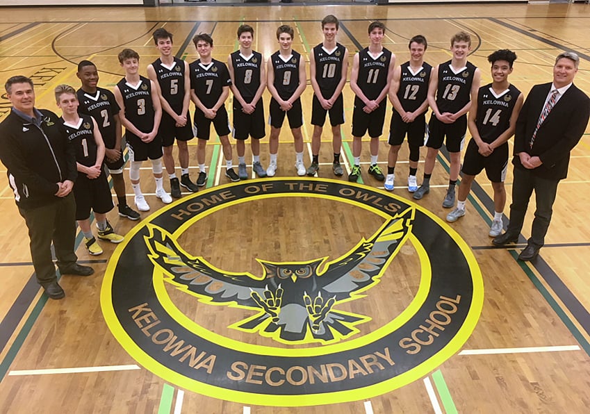 <who>Photo Credit: Contributed </who>The Kelowna Owls swept their three games on the weekend in Vernon to claim the 2018 Okanagan Valley junior boys basketball championship and earn a berth at the B.C invitational tournament in Langley beginning on Saturday. Members of the team are, from left: Troy White (coach), Hayden Burton, Johnny Haughton, Malcom Greggor, Braden White, Liam Royston, Jayden Lalonde, Connor Dojohn, Tyson Embree, Max McDonald, Storm Buck, Ethan Braam, Ronnel Castro and Alan Lalonde (coach).