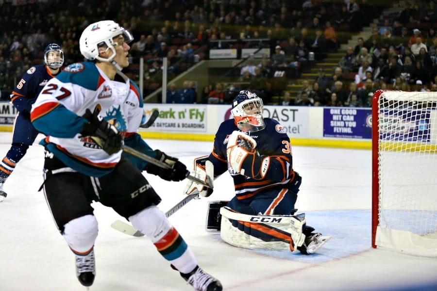 <who>Photo Credit: KelownaNow</who>Dylan Ferguson replaced Connor Ingram in the second period and made 13 saves to complete the game.