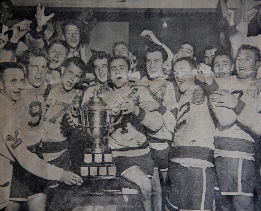 <who>Photo Credit: Contributed </who>Carter and his Mt. Pleasant Indians celebrate their Minto Cup win 60 years ago.