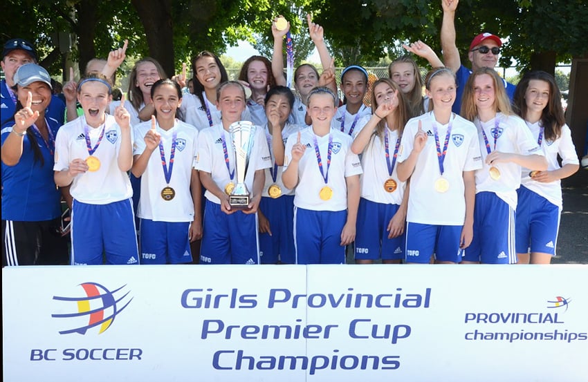 <who>Contributed </who>The Thompson-Okanagan Football Club's U13 girls captured the BC Soccer Premier Cup on Sunday with a 3-1 victory over the Coastal FC at the Apple Bowl. Members of the championship team are, from left, front: Tracie Dalgarno (manager), Jordan King, Ava Wright, Annika Gross, Lauren Schmidt, Allison Amy, Paige Cates, Ava McLennon, Macalle White and Chloe Alex. Back: Brian Dewar (head coach), Liesl Milovick, Sophia Clarke, Chloe Dalgarno, Kiera Howaniec, Kate Cartier, Abigail Taneda, Jaidyn McGrath and Randy Schmidt (assistant coach). 