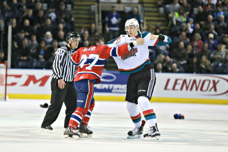 <who>Photo Credit: KelownaNow</who>The big man, Brayden Chizen, dropped the mitts and put on a show in the second period.