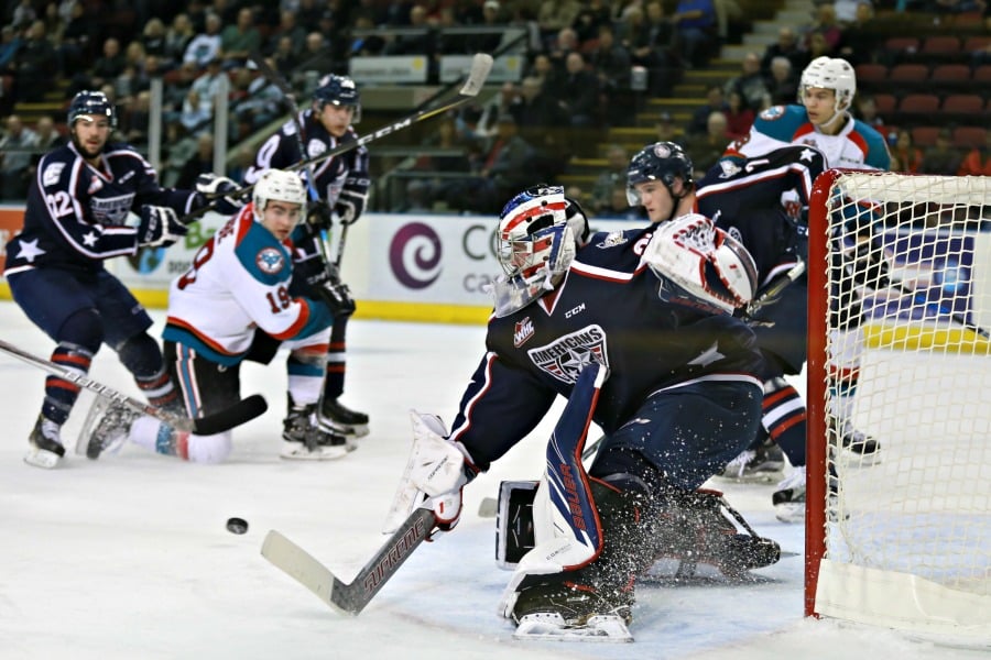 <who>Photo Credit: KelownaNow</who>Sarthou gave the Americans a fighting chance in the first two frames, stopping 36 Rockets' shots.