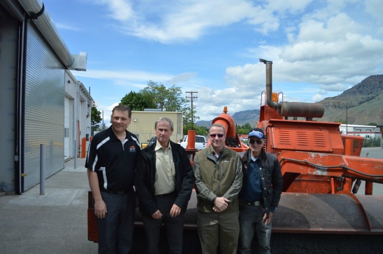 <who> Photo Credit: KamloopsBCNow </who> Mayor Peter Milobar (left) and Al Richmond, Mitch Campsall, and Ken Greenall of the South Cariboo District.