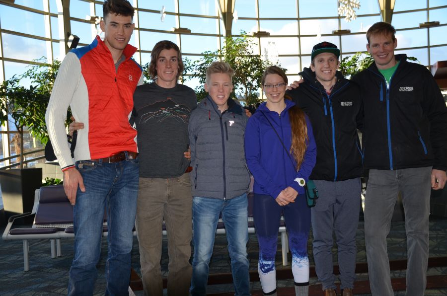 <who>Photo Credit: Contributed</who>The Telemark Ski Team - (L to R) Alex MacDonald, Thomas Hardy, Gareth Williams, Hannah Mehain, David Walker, coach Adam Elliot