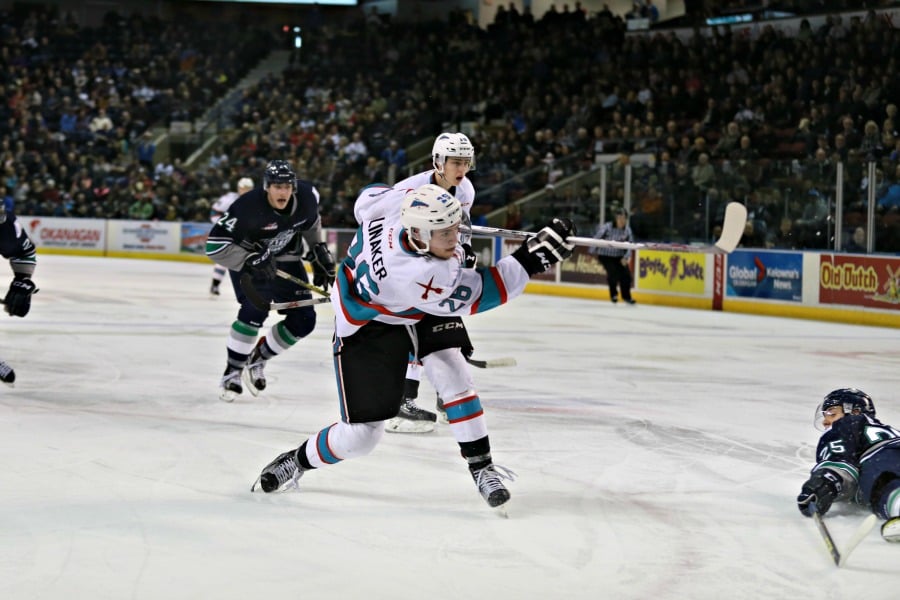<who>Photo Credit: KelownaNow</who>Rockets veterans, including Cole Linaker, led the team in the 7-4 victory.