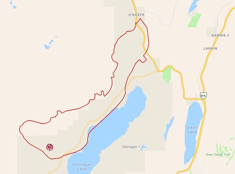 </who>A map outlining the Bradley Creek wildfire provided by BC Wildfire Service.