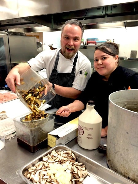 <who> Photo Courtesy: Okanagan College. </who> Chantelle Eustache with Chef Ryan O’Flynn as they are getting ready to prepare a VIP culinary feast for the 2016 Gold Medal Plates.