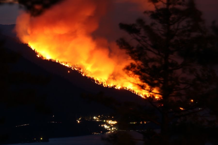 <who>Photo Credit: KelownaNow</who> The 2003 forest fire consumed over 25,000 hectares of forest and park land south and east of the city, forcing the evacuation of more than 27,000 people and destroying 239 homes on the southern edges of the city. 