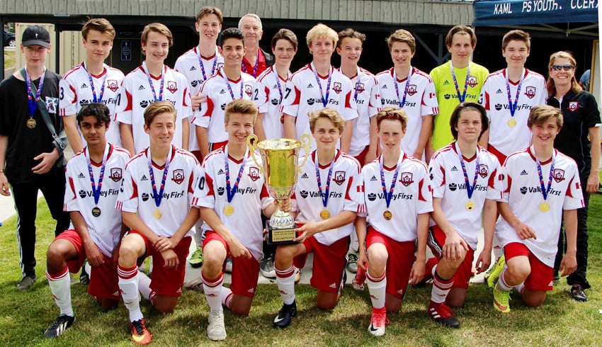 <who>Photo Credit: Contributed </who>The Kelowna United U16 boys blanked Vernon 2-0 to capture the TOYSL championship on the weekend and earn a berth in the BC Soccer Les Sinnott Memorial provincial tournament July 6-9. Members of the championship team are, from left, front: Harjun Gosal, Tanner Peters, Riley Neal, Shawn Kostiuk, Conor O’Reilly, Jadon Trytko and Quentin Murphy. Back: Andrew King, Gavin Sherman, Cam Wilson, Chris VanDenHeuvel, Thomas Jaklis, Peter Roberts (coach), Reid Herron, Bailey Lovich, Cam Sorenson, James Wiebe, Tallan Freh, Kanaan Krahn, Jennifer Neal (manager). 