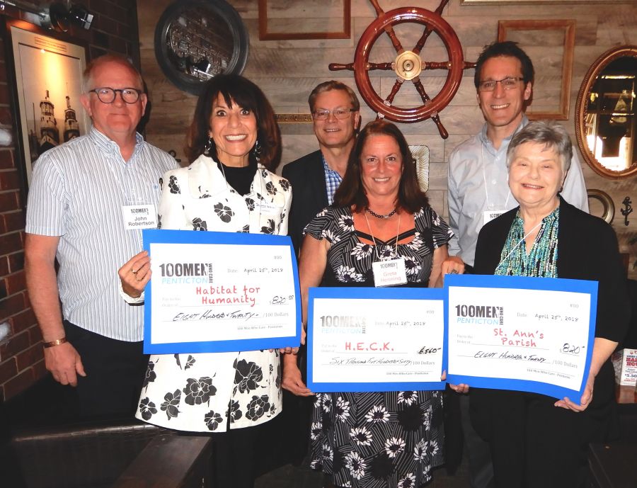 <who>Photo Credit: 100 Men Who Care Penticton</who> Donation recipients pose with their oversized cheques at Tug's Taphouse in April 2018