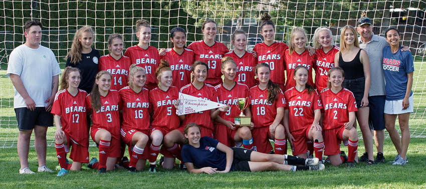 <who>Photo Credit: Contributed </who>The Mt. Boucherie Bears edged the Kelowna Owls 1-0 on Wednesday to claim the Okanagan Valley senior AAA girls soccer championship and earn a berth at the B.C. School Sports provincial championship tournament in Vancouver. Members of the team are, front: Tayshja Clark. Kneeling: Aimee Konstantopoulos, Hannah Heller, Lexington Kinnear, Annabelle Perry, Jessica Skerlec, Julianne Seidel, Elle Good, Dakota Fanning and Jayden Murphy. Back: Scott McClarty (coach), Irelyn Irvine, Bianca Panagos, Kelly McCombie,​ Selena Armina, Madi Robertson, Morgan Hodge, Taylor Sewell, Maddy Sangster, Kyleigh Oloriz, Michaela Jacobsen, Peter Briker (coach) and Jessica Briker (coach).