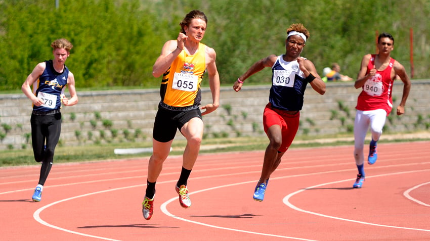 <who>Photo Credit: Lorne White/KelownaNow </who>Nolan Ulm (055) won this 200-metre junior event and added a first place in the 400 metres.
