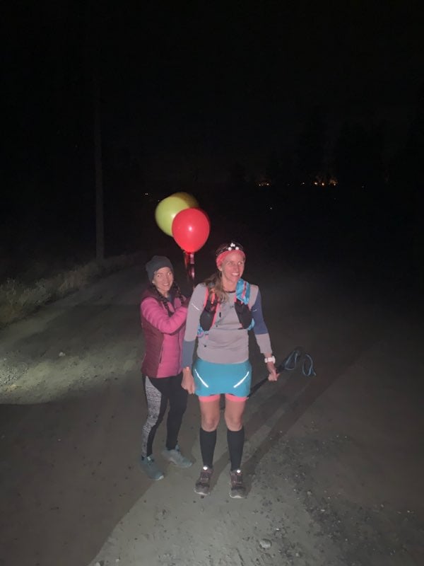 <who> Photo Credit: Photo Contributed </who> Nathalie Long had lit-up balloons to guide her on the climb.