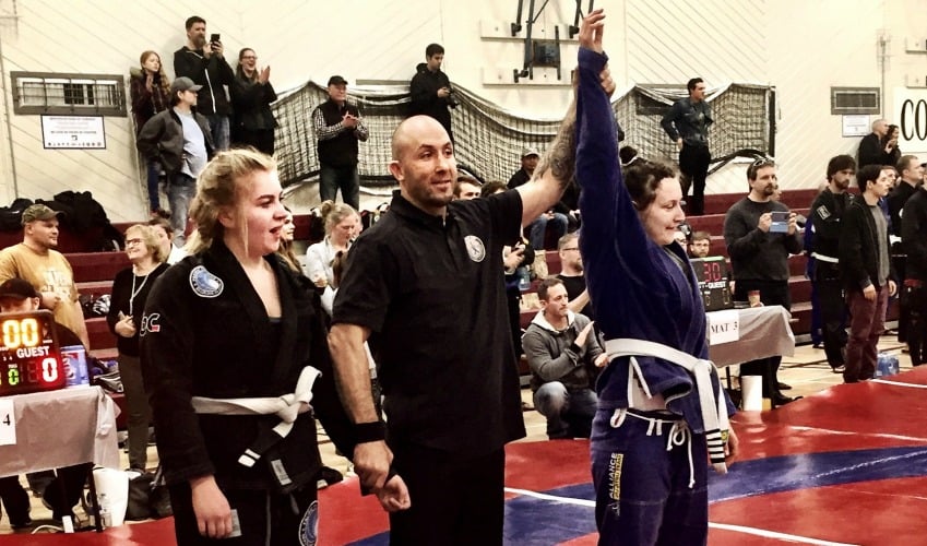 <who>Photo Credit: Alliance Jiu-Jitsu</who> Michelle Jorgensen wins a match at the Super Cup Jiu-Jitsu Championships.