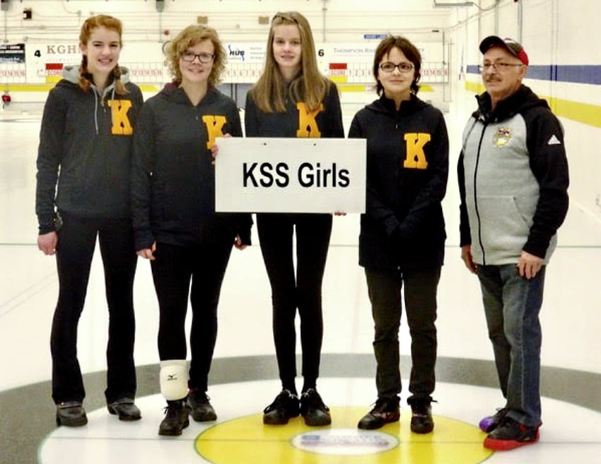 <who>Photo Credit: Contributed </who>A clean sweep of four matches earned the Kelowna Owls the Okanagan Valley girls curling title on the weekend in Kamloops. Members of the team that will represent the Valley at the B.C. School Sports provincial championship are, from left: Katelyn McGillivray (skip), Ana Trigalet (third), Erika Ellis (second), Naiomi Hayward (lead) and Bob Harris (coach)