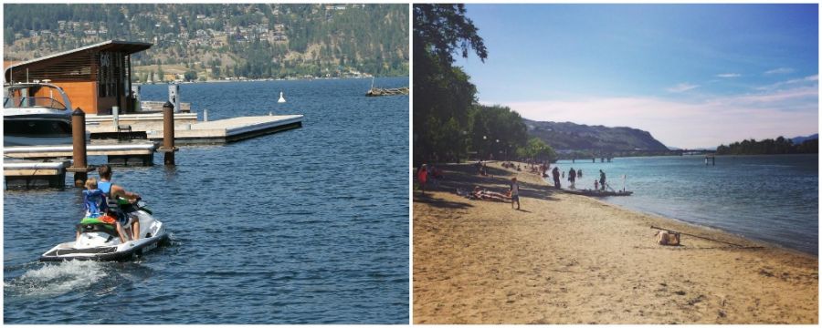 <who> Photo Credit: KelownaNow. </who> People enjoying Okanagan Lake and the beach Riverside Park. 