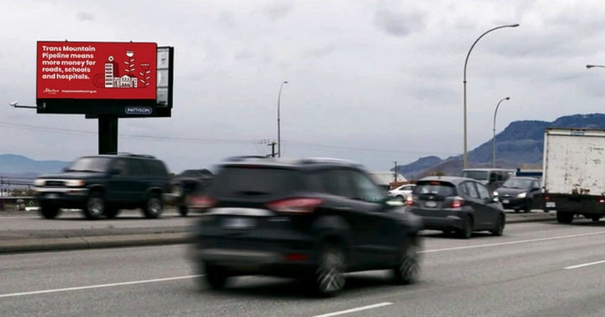<who>Photo Credit: Province of Alberta</who> Billboard supporting Trans Mountain Pipeline in Kelowna. 
