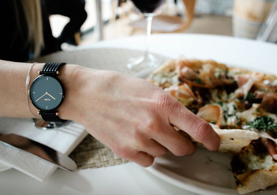<who>Photo Credit: Foursight Supply Co. & The Chase Wines</who>Cluse Open Circle Marble Hexagon Chain Bracelet & Cluse Triomphe Mesh Bicolour Rose Gold Watch