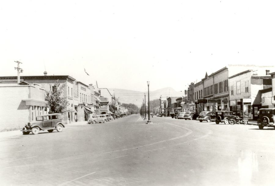 Automobiles lining Bernard Avenue circa 1930.