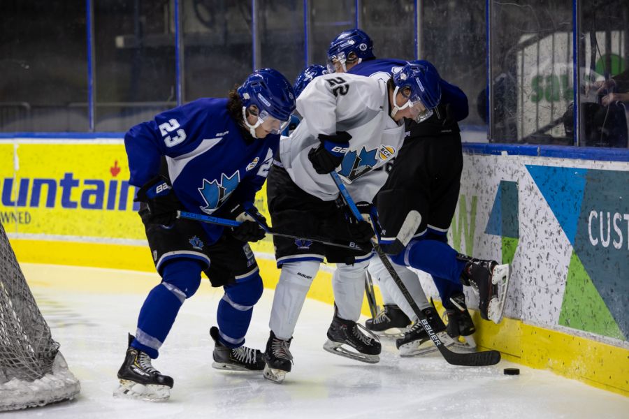 <who> Photo Credit: Cherie Morgan/Cherie Morgan Photography </who> Team White's Luc Wilson, No. 22, fights for control of the puck in the Vees intrasquad game Saturday.