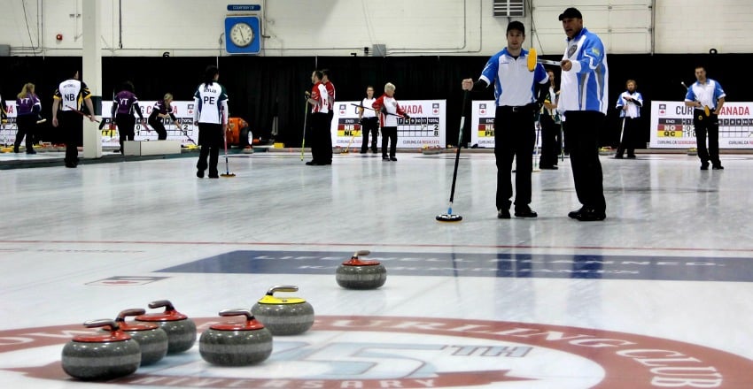<who>Photo Credit: KelownaNow</who>Team Quebec looks over their options before a big shot.