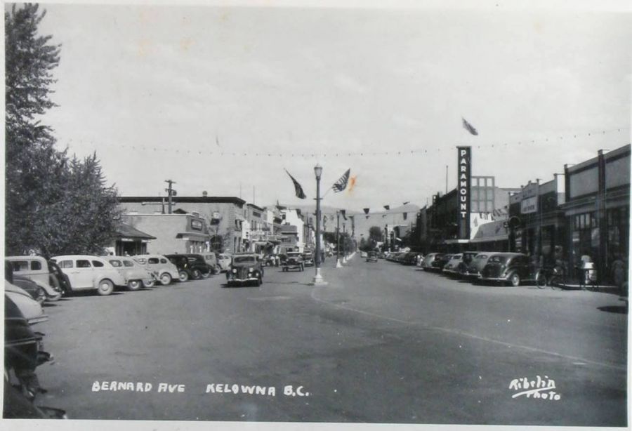 <who>Photo Credit: Old Kelowna/Ribelin Photo</who> While the view down Bernard Avenue hasn't changed much since the 40's, the cars parked along the side of the street certainly have. (Circa 1940s)
