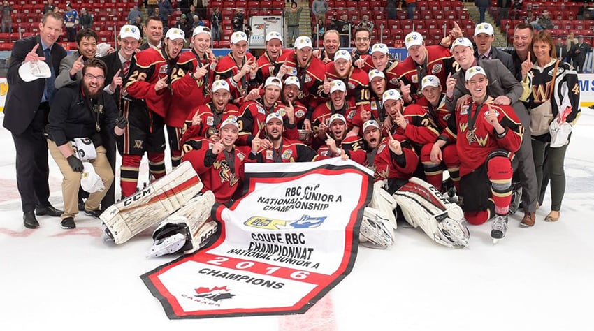<who>Photo Credit: Hockey Canada </who>Matthew Greenfield (front, right) celebrates surprising West Kelowna Warriors RBC Cup title win in Lloydminster.