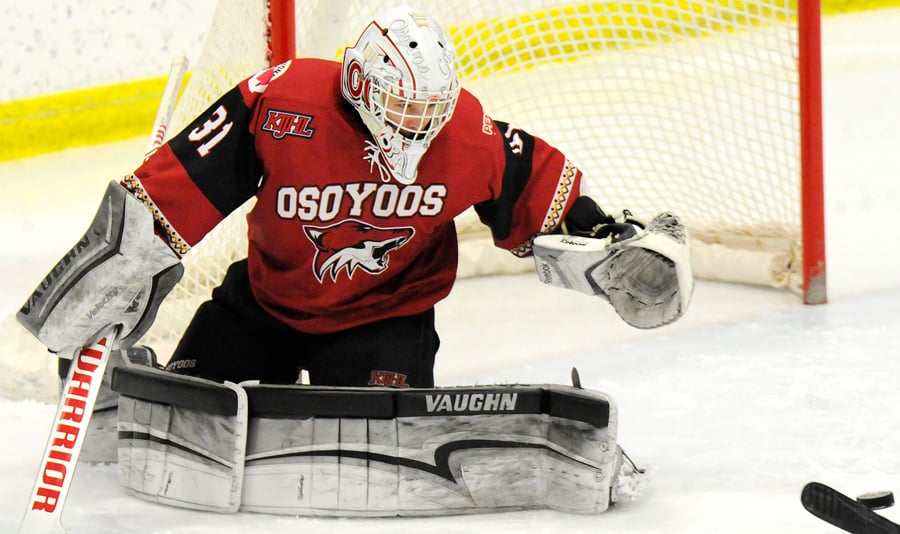 <who>Photo Credit: Lorne White/KelownaNow </who>The Coyotes' Daniel Paul of West Kelowna faced an average of 42 shots in the four semifinal games.