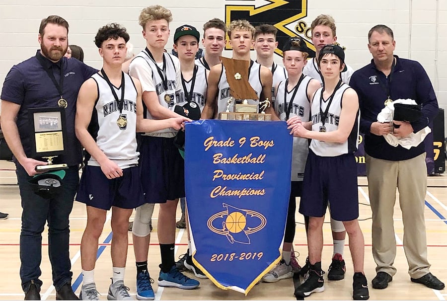 <who>Photo Credit: Contributed </who>The Kelowna Christian School Knights won four straight games to claim the B.C. Grade 9 boys basketball championship in Burnaby on the weekend. Members of the team are, from left: Mitch Petillion (coach), Kyle Houston, Parker Fleming, Ethan Gray, Luke Stantic, Parker Martens, Drew Williams, Cole Koop, Micah Borne (back), Liam McAusland (front right) and Tim Martens (head coach).