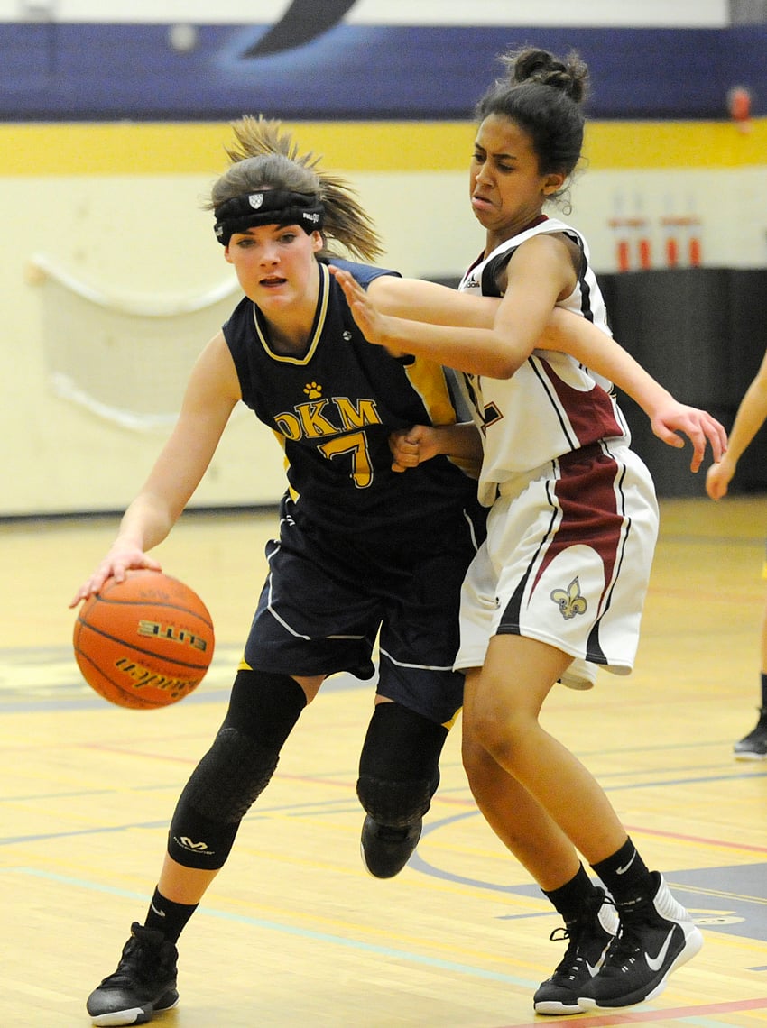 <who>Photo Credit: Lorne White/KelownaNow </who>Makenna Jacklin of the OKM Huskies drives to the hoop against the NorKam Saints in their opening game of the Okanagan Valley junior girls basketball championship tournament on Friday. Jacklin contributed nine points to the Huskies' win.