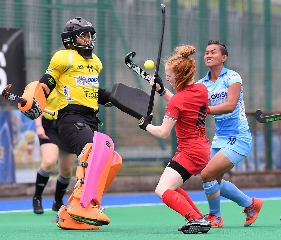 <who>Photo Credit: Adam Boehm </who>Lonica McKinney, centre, in the thick of things against India at the 2019 Four Nation Tournament in Dublin, Ireland. 