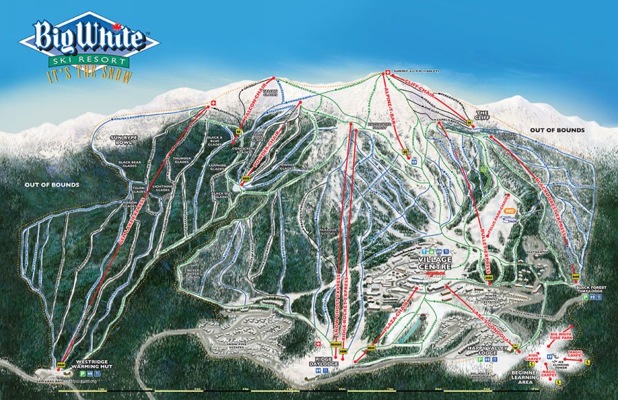 <who> Photo Credit: Courtesy of Big White. </who> The mountain's updated 2020 trail map featuring nearly 2,800 acres of skiable terrain.