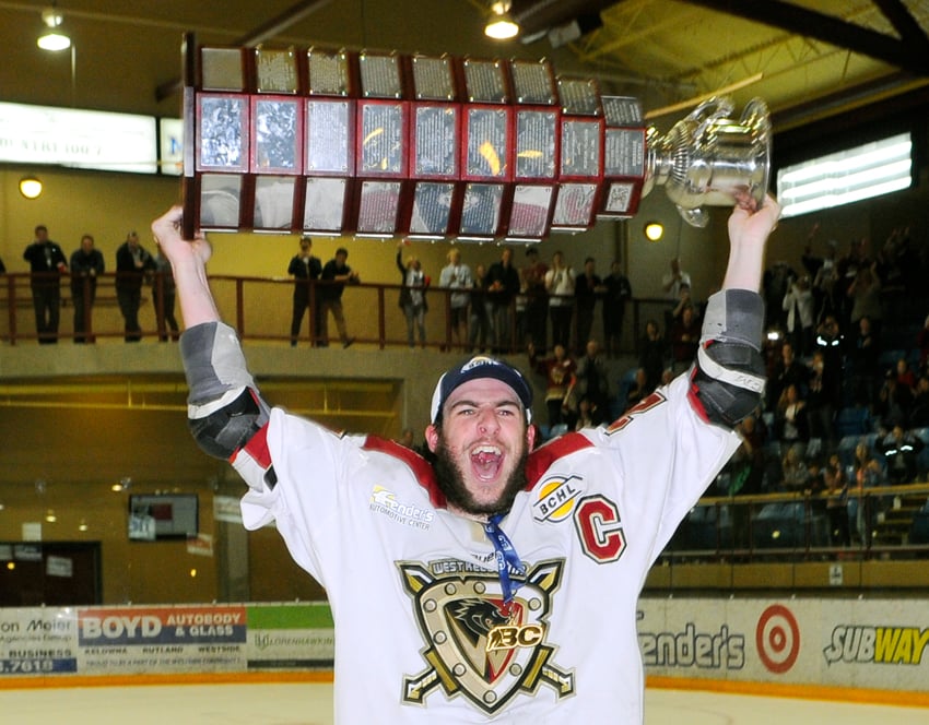 <who>Photo Credit: Lorne White/KelownaNow </who>Marino is credited with being a key ingredient in the Warriors hoisting the Fred Page Cup last month at Royal LePage Place.