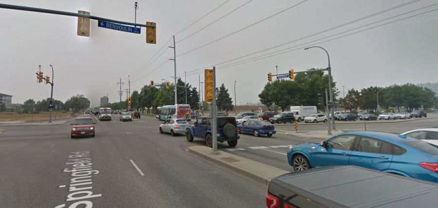 <who>Photo Credit: Google Maps</who>Springfield Road where Benvoulin Road meets Dilworth Drive is the most dangerous intersection in Kelowna that isn't attached to Hwy 97.