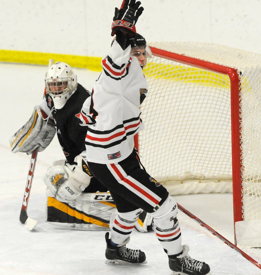 <who>Photo Credit: Lorne White/NowMedia </who>Brett Witala celebrates a goal by Brody Dale in the a three-goal second period on Friday.
