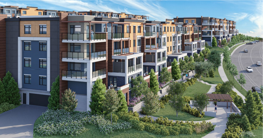  <who> Photo Credit: City of Kelowna staff report </who> Nearly 300 units are proposed for the "village centre" development phase of The Ponds neighbourhood.