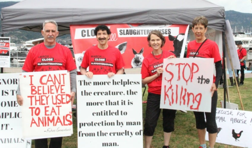 <who>Photo Credit: KelownaNow</who>Organizers of the Okanagan March to Close all Slaughterhouses.