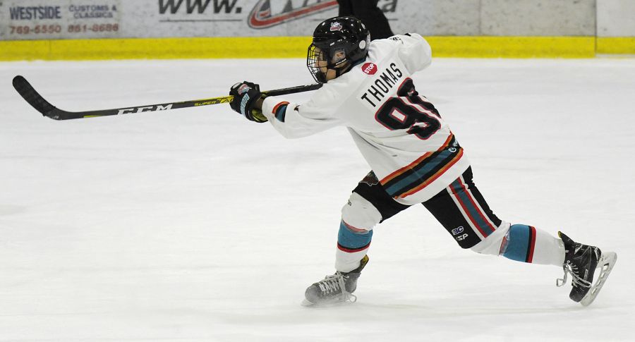 <who>Photo Credit: Lorne White/KelownaNow </who>Nolan Thomas of the OK Rockets with a shot from the slot.