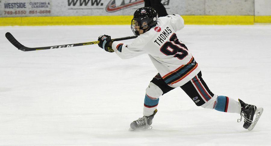 Nolan Thomas of the OK Rockets with a shot from the slot.
