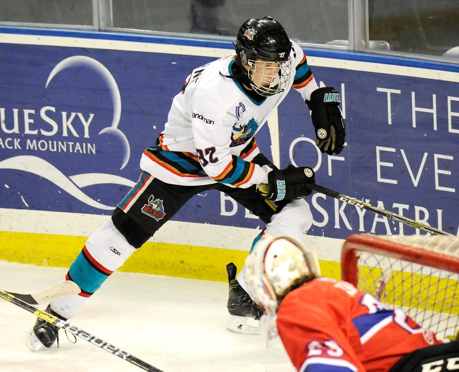 <who>Photo Credit: Lorne White/KelownaNow </who>Kjell Osborne of Golden finished the regular season with eight goals and eight assists in 30 games for the Rockets and has added three more goals in the post season